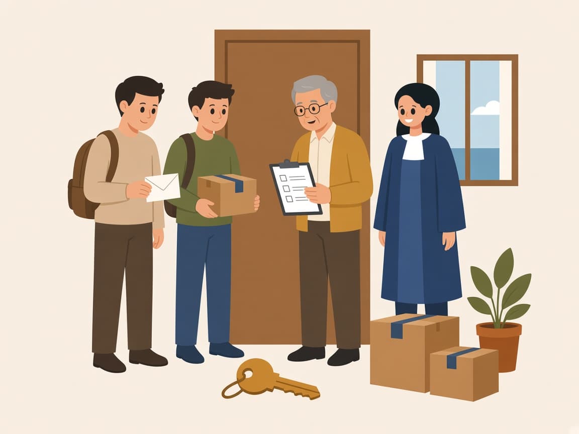 Kapı önünde koli taşıyan öğrenciler, kontrol listesi tutan ev sahibi ve avukat; yerde anahtar