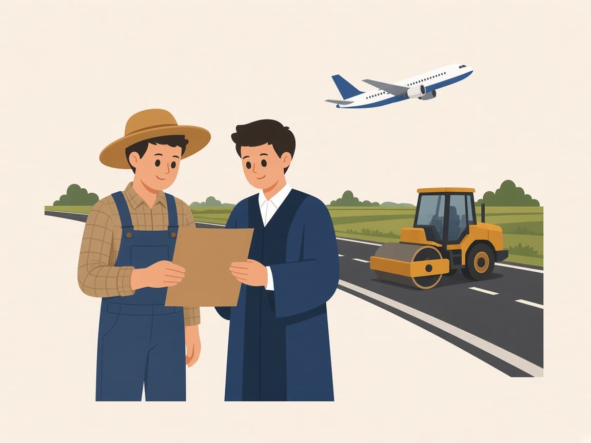 Yeni yol yapımı ve kalkan uçağın önünde belge inceleyen çiftçi ve avukat