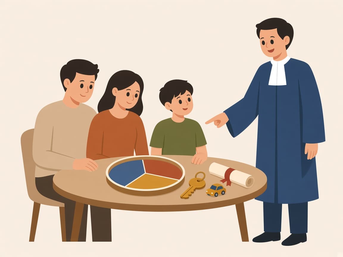 Aile, masadaki dilimlere ayrılmış pay çemberine bakıyor; avukat anahtar, araba ve belgeyi gösteriyor