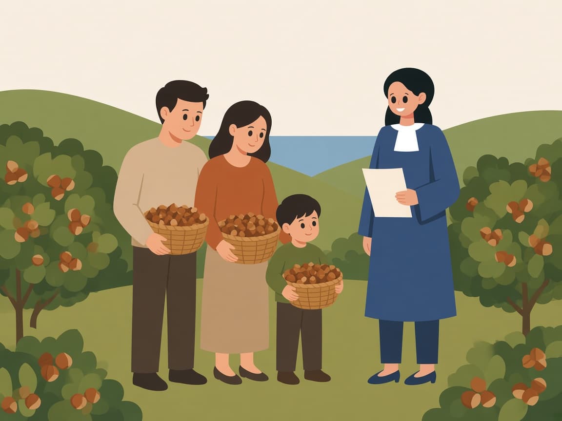 Fındık bahçesinde sepetlerle aile ve belge tutan avukat